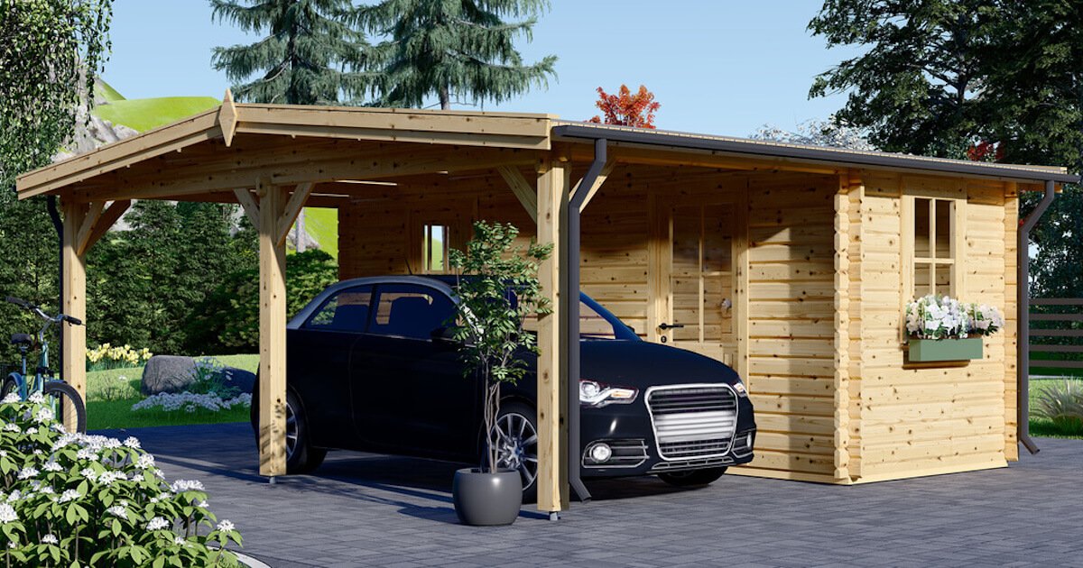 Carport aus Holz für 2 Autos mit Schuppen und Seitenwand