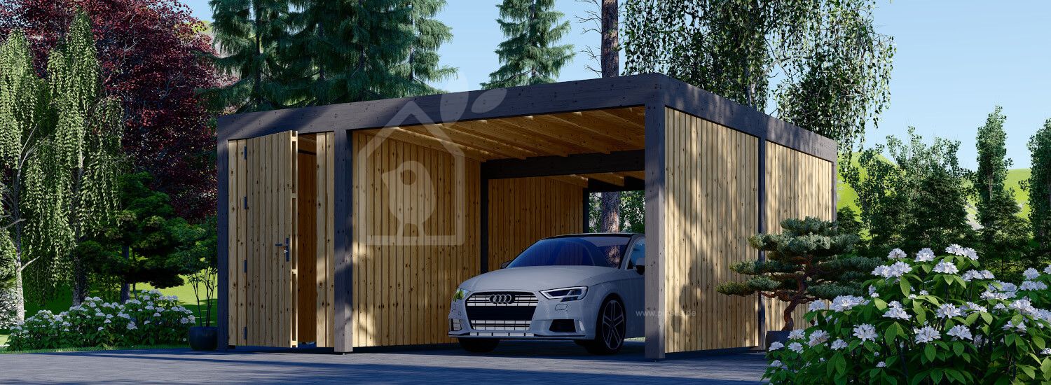 Carport aus Holz für 1 Auto mit Schuppen und Seitenwand LUNA F PLUS,  4.9x5.6 m