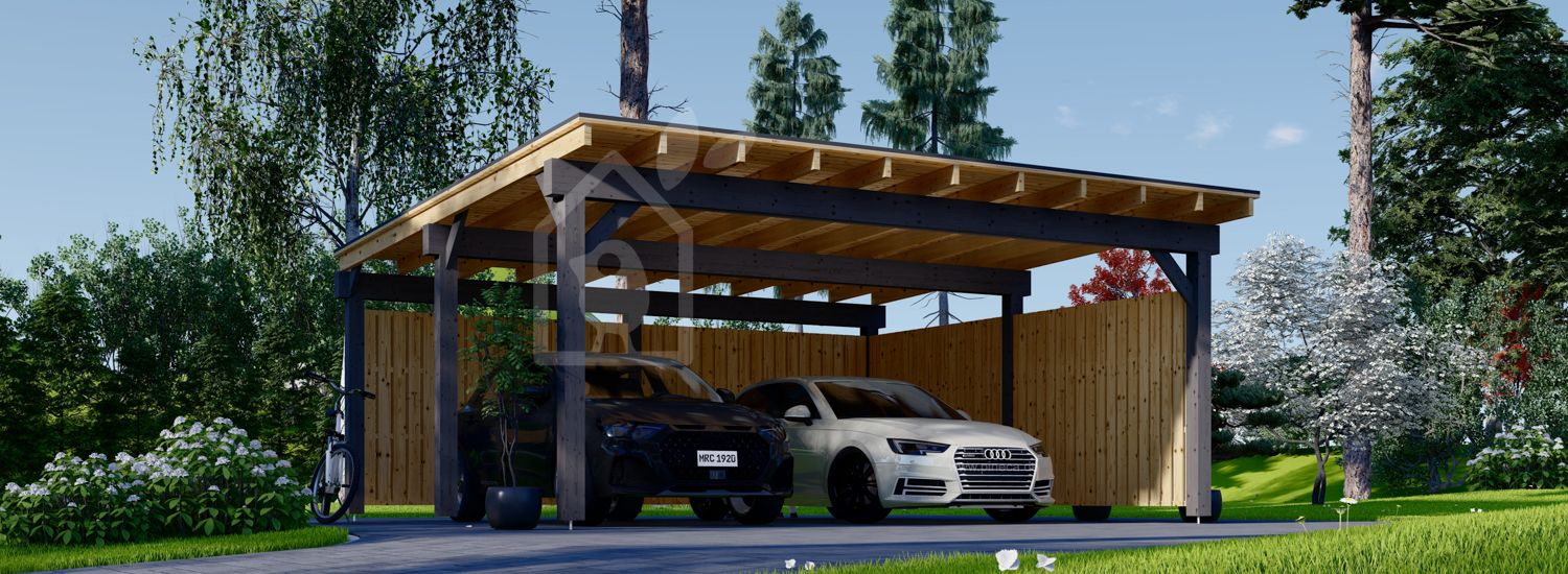 Carport aus Holz für 2 Autos mit L-förmiger Wand LUNA DUO F, 6x6 m